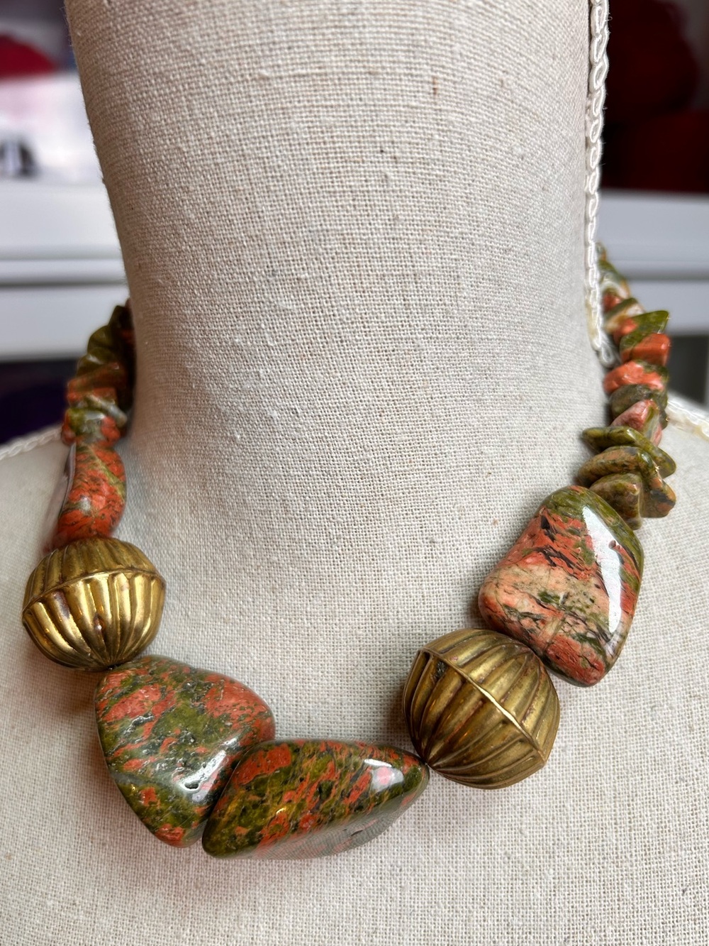 Chunky Unakite Jasper Gemstone Statement Necklace Brass Accents Boho Earthy Rare